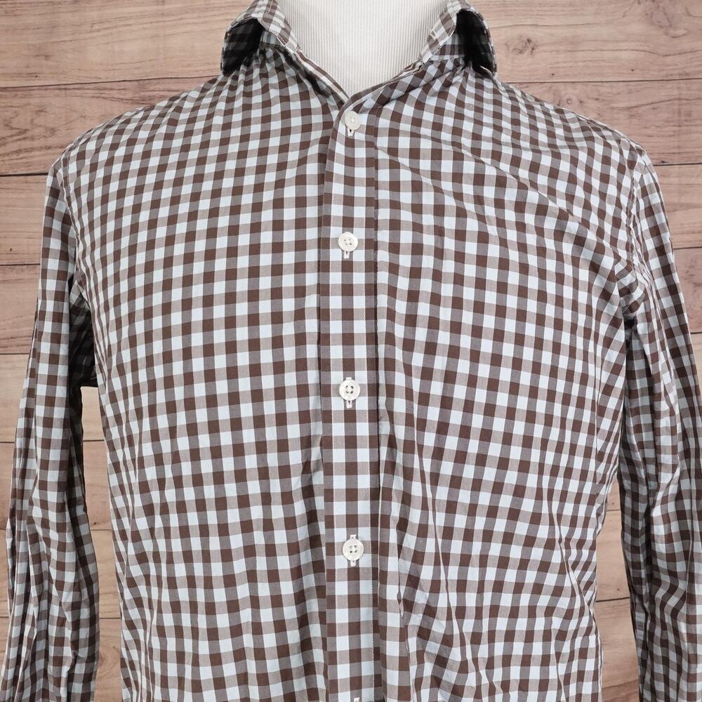 Twillory Dress Shirt Mens 16 32/33 Brown Gingham‎ Tailored Slim Fit Long Sleeve
